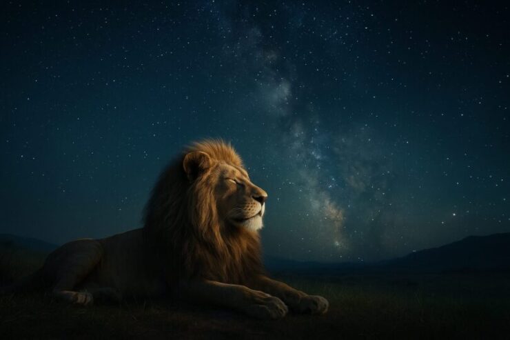 IMAX的な画角で捉えた星空とライオンの壮麗な構図。天の川と共鳴するその姿が、映像的なスケールと感情を描き出す。 A majestic lion under the Milky Way, captured in IMAX-style cinematic composition. Wide frame emphasizes emotional gravity and cosmic scale.